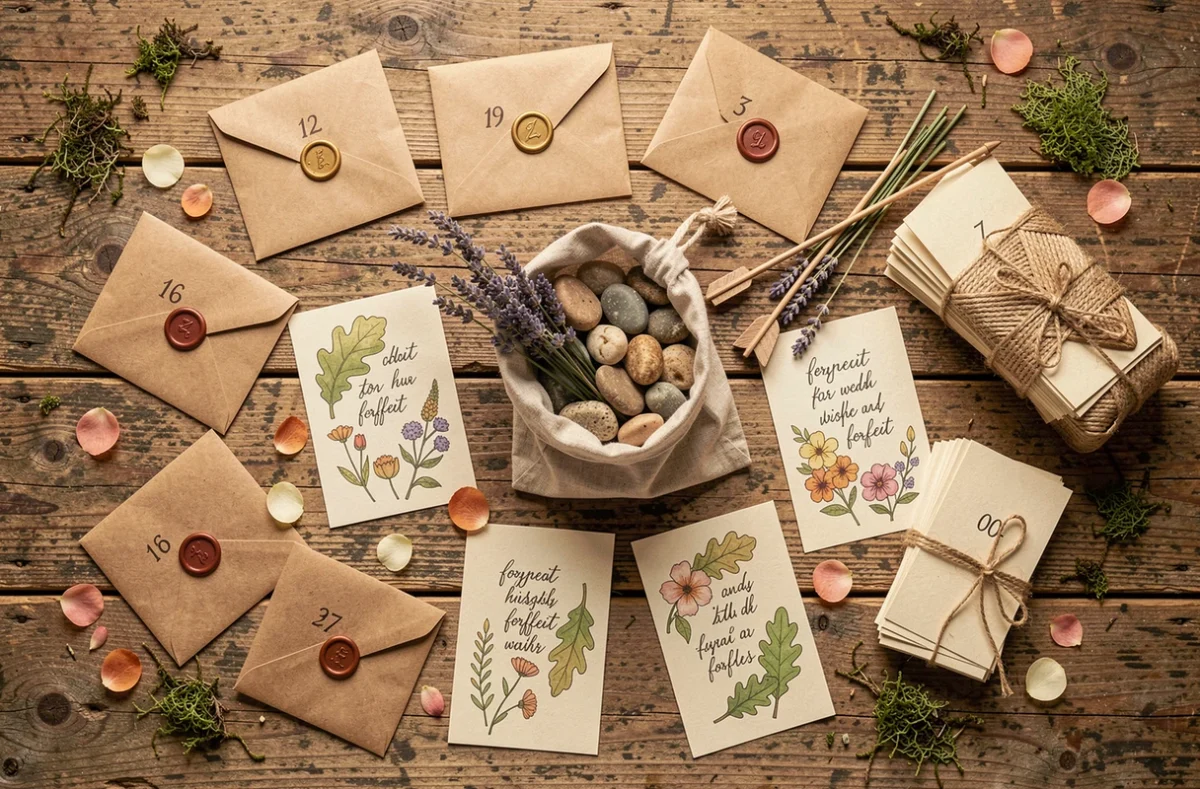 Flat-lay des accessoires du jeu des douze mois pour mariage champêtre avec enveloppes kraft, gages botaniques et décoration nature rustique
