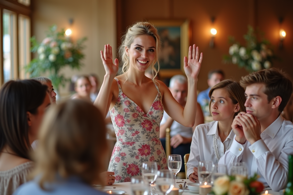 Animatrice en robe florale guidant une activité lors d