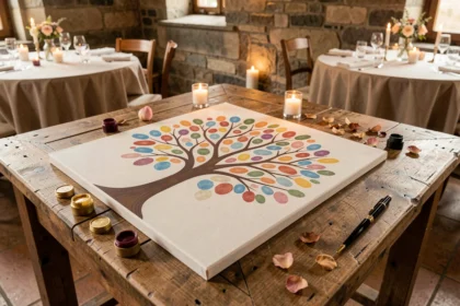 Arbre à empreinte mariage posé sur une table décorée avec tampons encreurs dorés et pétales de fleurs séchées