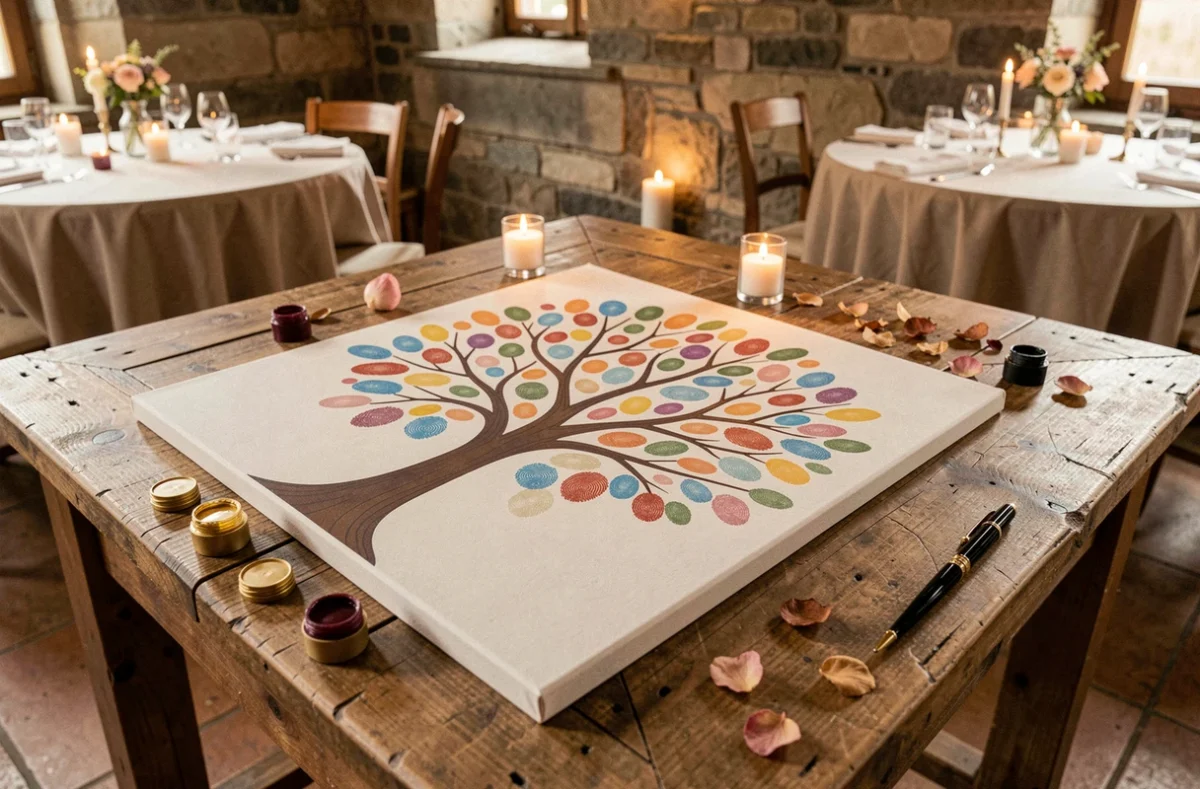 Arbre à empreinte mariage posé sur une table décorée avec tampons encreurs dorés et pétales de fleurs séchées