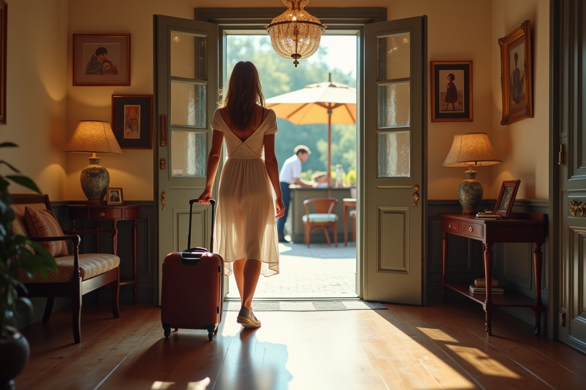 Femme avec valise devant un hôtel boutique élégant