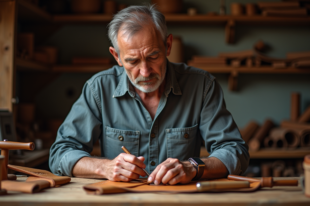 Artisan travaillant le cuir dans son atelier lumineux