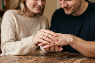 Couple tenant leurs mains entrelacées avec des bagues assorties en or sur une table en bois dans un appartement cosy