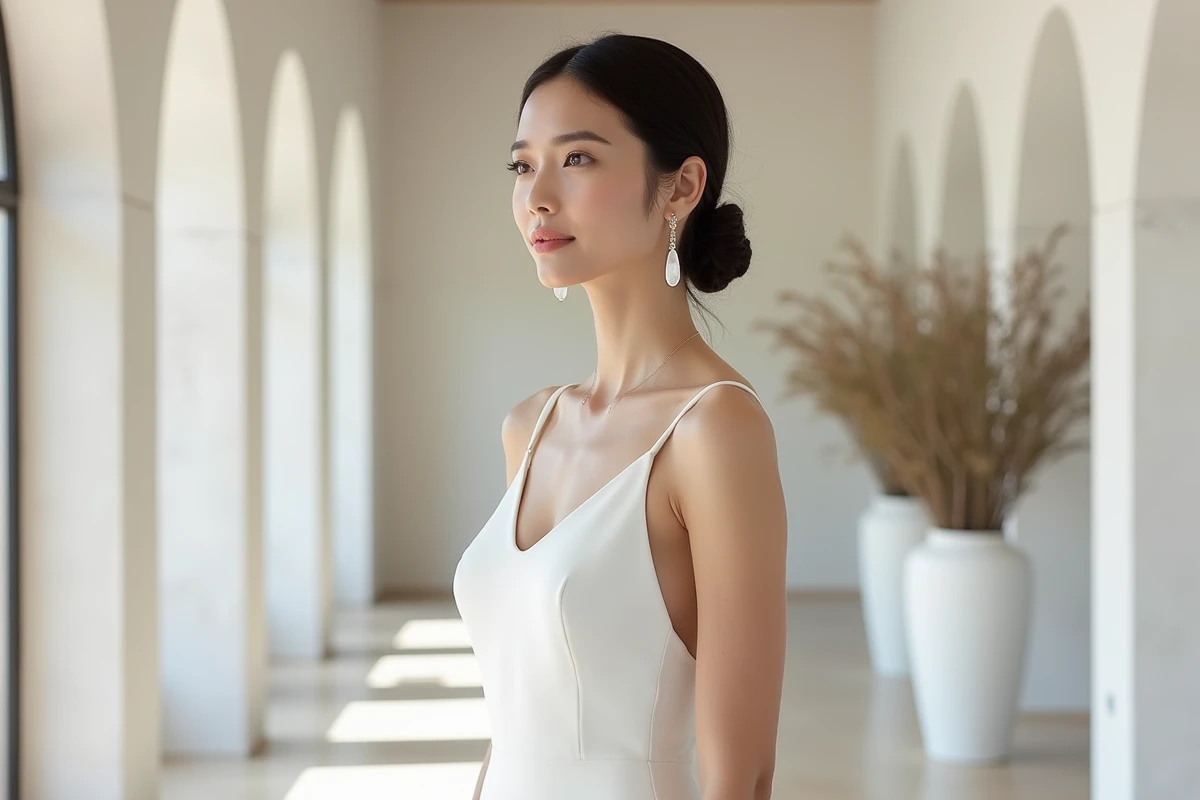 Mari&eacute;e &eacute;l&eacute;gante en robe colonne cr&ecirc;pe avec boucles d'oreilles pendantes en argent et pierre de lune dans un espace minimaliste