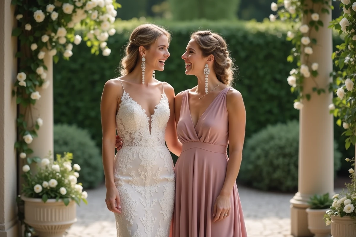Mari&eacute;e et demoiselle d'honneur portant des boucles d'oreilles pendantes &agrave; diamants dans un jardin fleuri