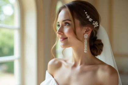 Mari&eacute;e portant des boucles d'oreilles pendantes en cristal et perles dans un salon de ch&acirc;teau fran&ccedil;ais