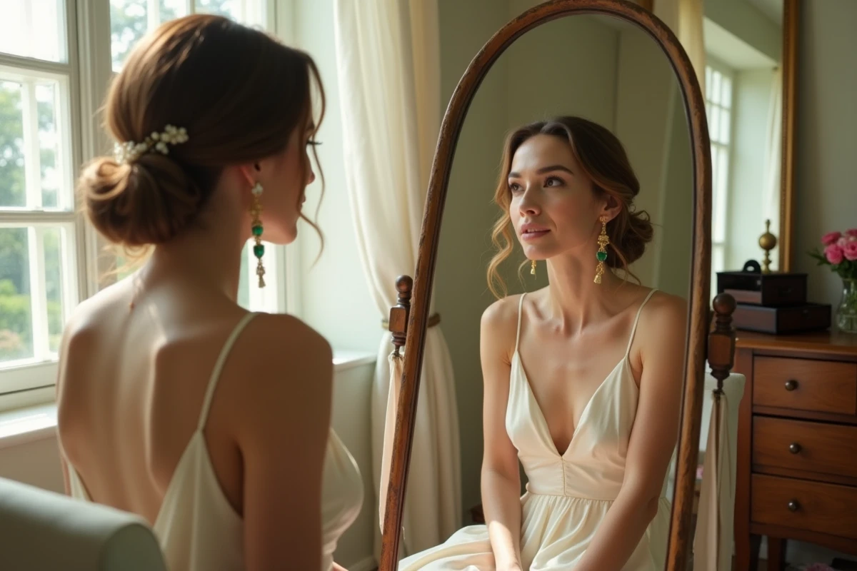 Mari&eacute;e assise devant un miroir vintage avec des boucles d'oreilles pendantes dor&eacute;es Art D&eacute;co pour mariage