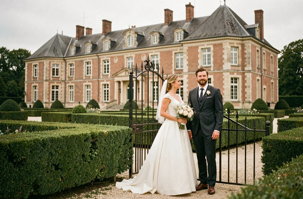 Couple de mariés devant l'entrée en fer forgé du Château d'Avelin, élégante demeure de briques et de pierres entourée d'un jardin à la française