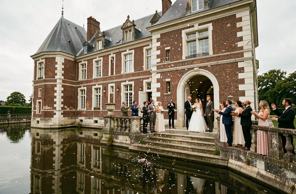 Couple de mariés sortant sous les confettis de l'entrée voûtée du Château du Biez, manoir du XVIIe siècle en briques rouges entouré de ses douves