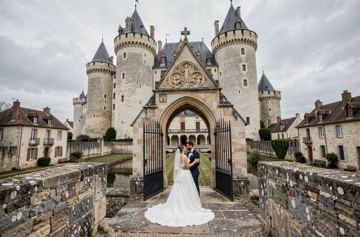 Couple de mariés sous le porche gothique du Château de Blandy-les-Tours avec ses tours médiévales en arrière-plan