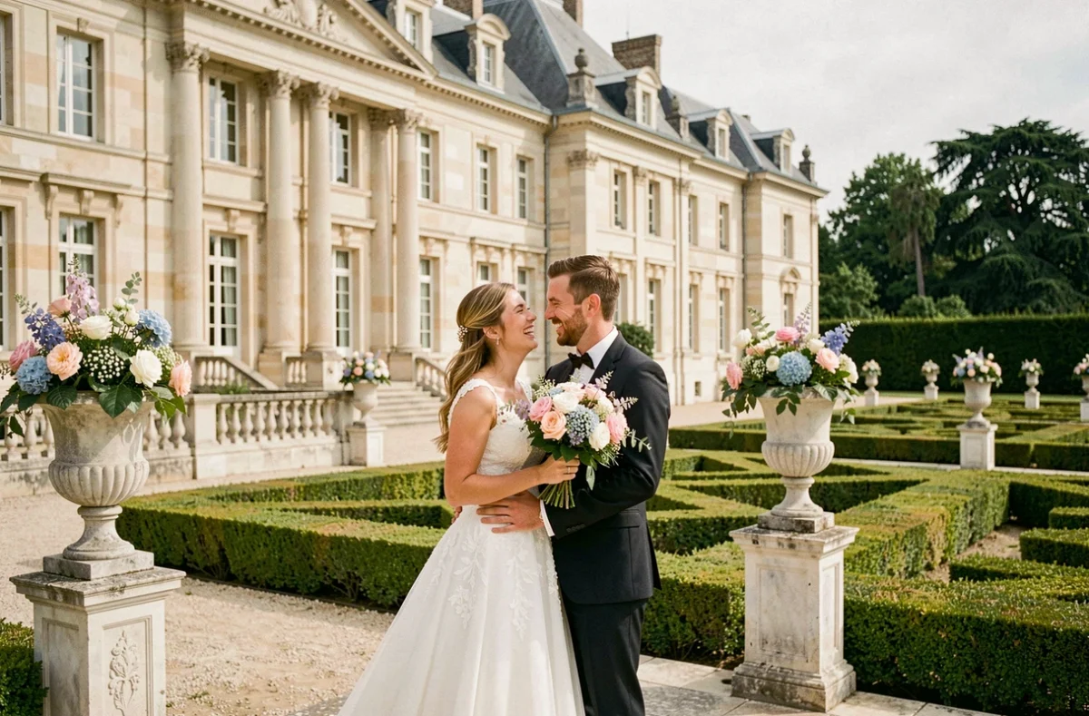 Couple de mariés riant dans le jardin à la française du Château Bouret avec la façade classique en arrière-plan