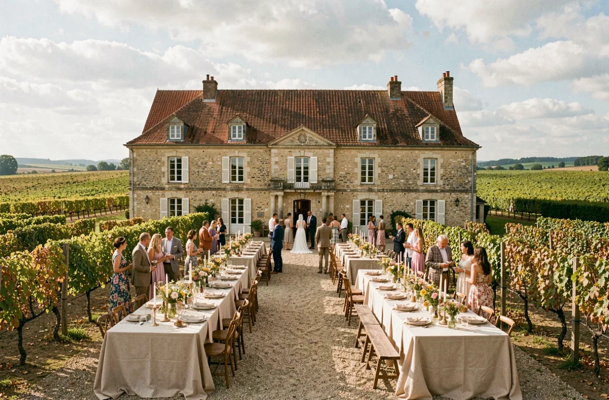 Le Château Cassemichère et ses vignes en arrière-plan, avec une réception de mariage en plein air sur cour gravillon