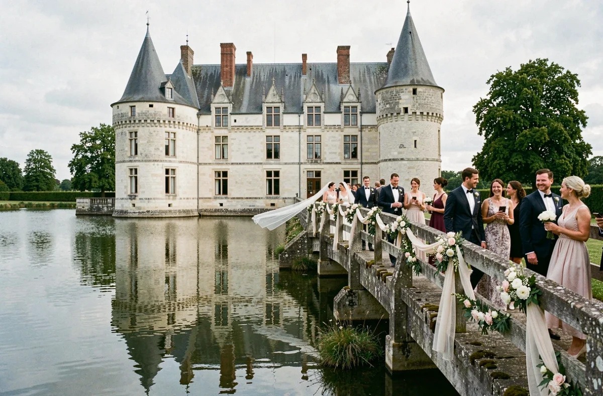 Le Château d'Arts avec ses tourelles coniques et son pont-levis fleuri, traversé par un cortège de mariage