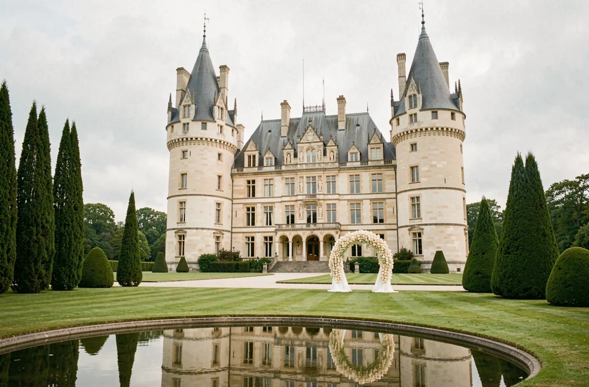 Le Château de Challain et ses tours néo-gothiques élancées reflétées dans un étang, décoré pour une réception de mariage