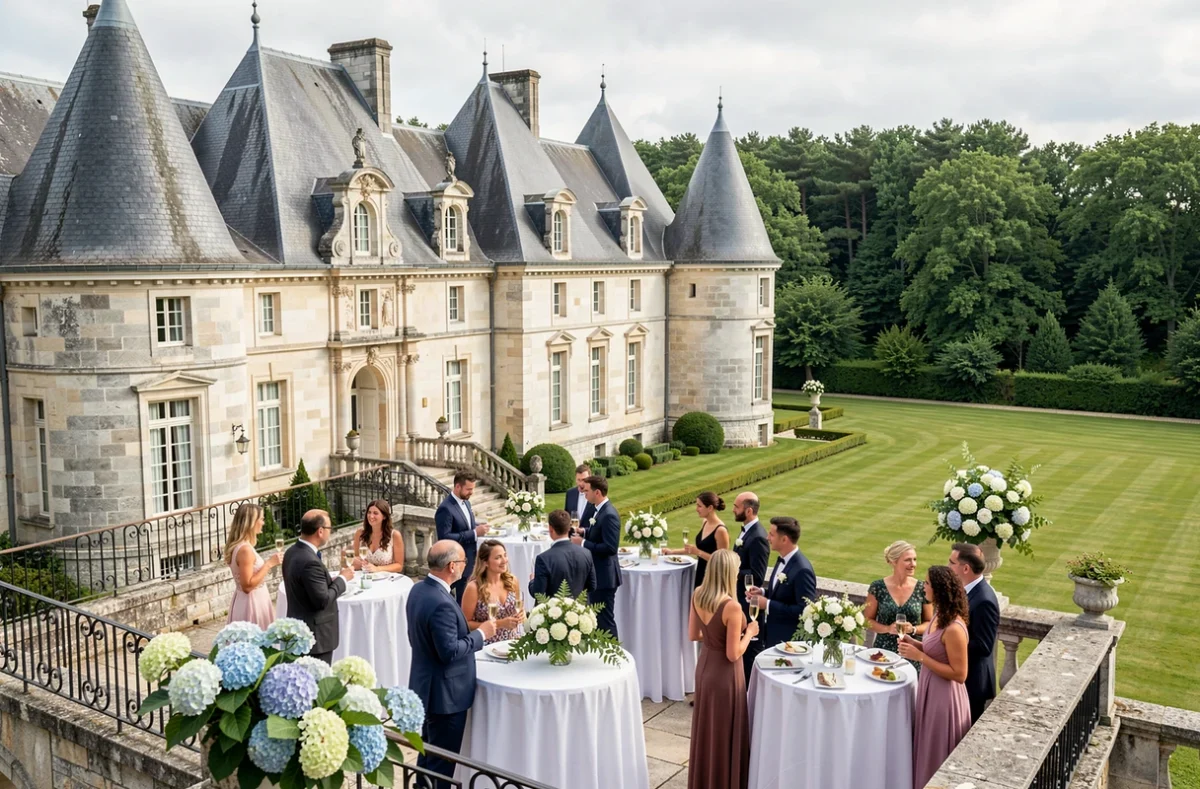 La terrasse du Château de la Barbinière animée par un cocktail de mariage, avec la façade classique en arrière-plan