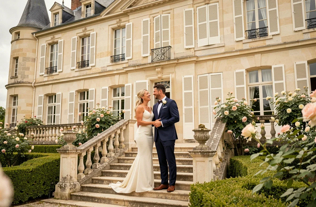 Un couple de mariés devant la façade en tuffeau du Château de la Chevallerie, entourée de rosiers en fleurs