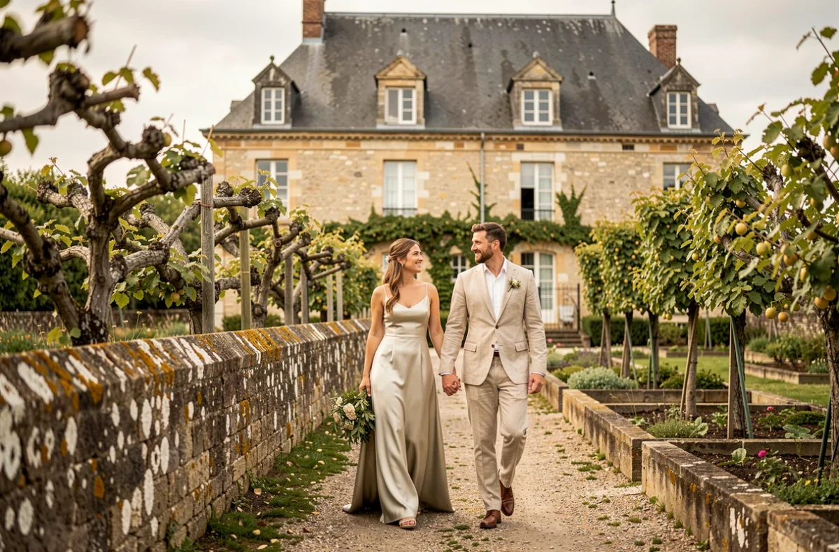 Un couple de mariés se promenant près du jardin clos du Château de la Colaissière en Anjou