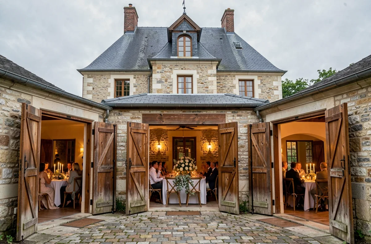 La cour intérieure du Château de Marigny avec ses dépendances ouvertes sur un banquet de mariage aux bougies
