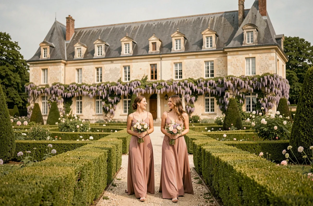 Deux demoiselles d'honneur en robes roses marchant dans les jardins du Château de Turmelière, avec la façade fleurie en fond