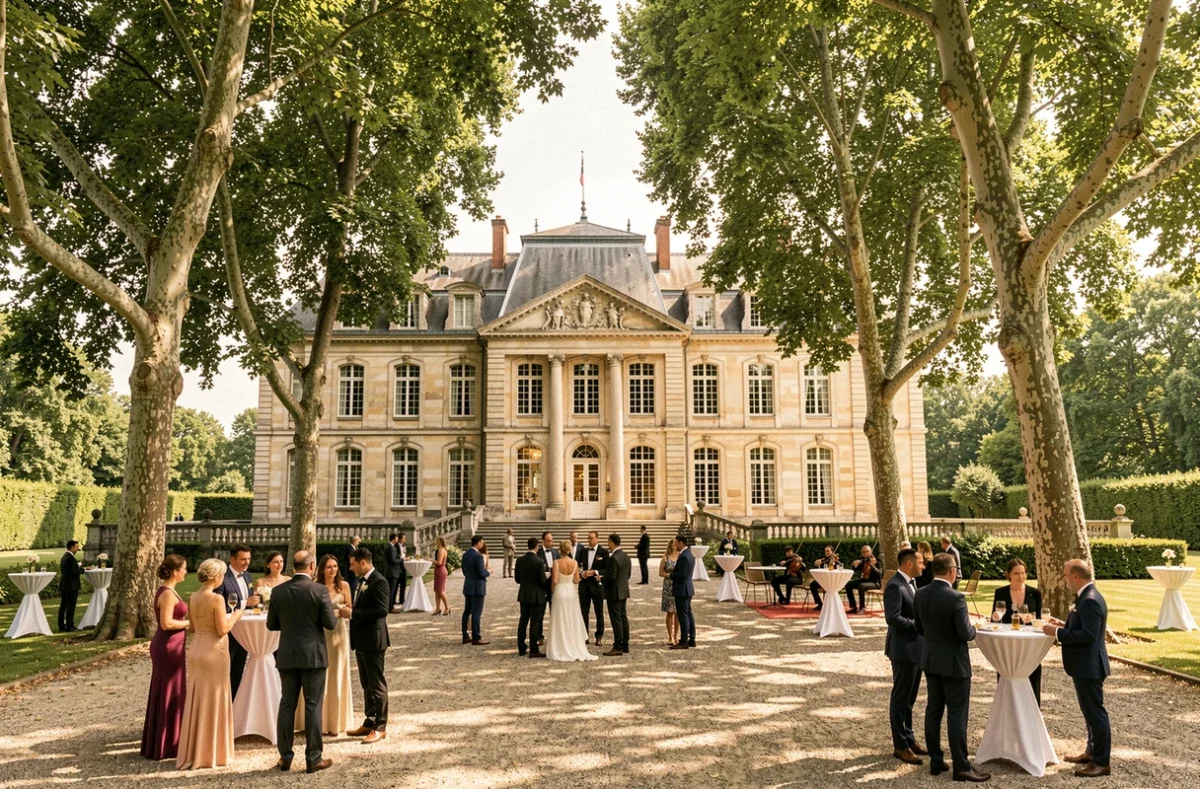Le Château du Parc Saint Lambert et son parc arboré animé par un cocktail de mariage, avec quatuor à cordes