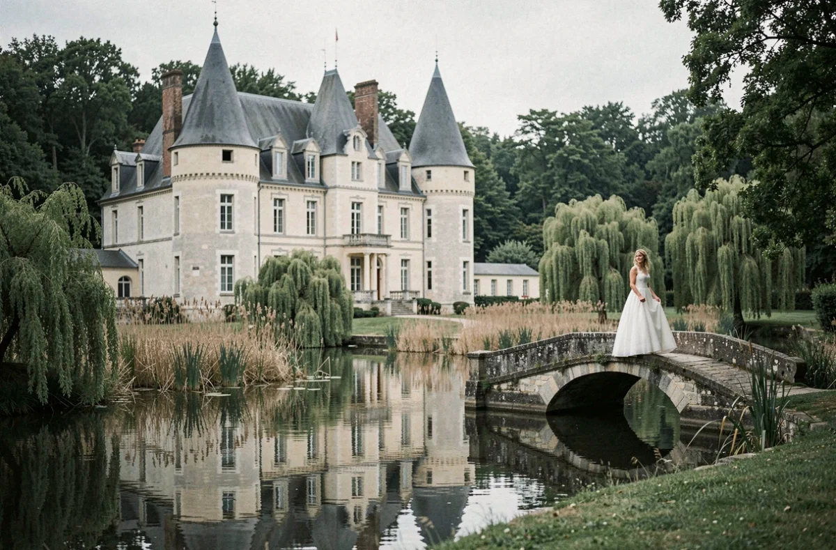 Mariée sur le pont de pierre du Château du Vivier avec le reflet du manoir dans les douves en Seine-et-Marne