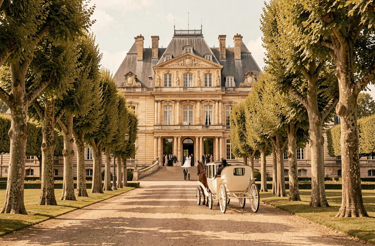 Façade néo-Renaissance du Château de Ferrières avec calèche blanche lors d'une cérémonie de mariage en Seine-et-Marne