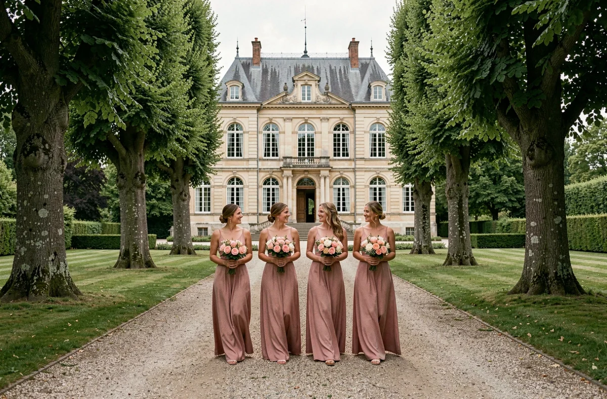 Cortège de mariées en robes roses marchant vers l'entrée du Château de Prémesques, élégant manoir du XIXe siècle entouré d'arbres centenaires