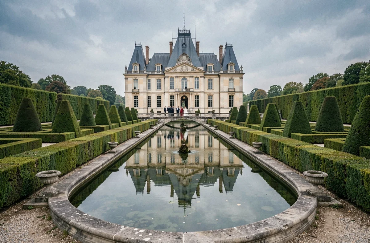 Vue grandiose du Château de Vaux-le-Vicomte et ses jardins à la française lors d'une réception de mariage