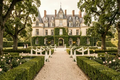 Vue panoramique d'un majestueux château des Pays de la Loire décoré pour un mariage, entouré de jardins à la française
