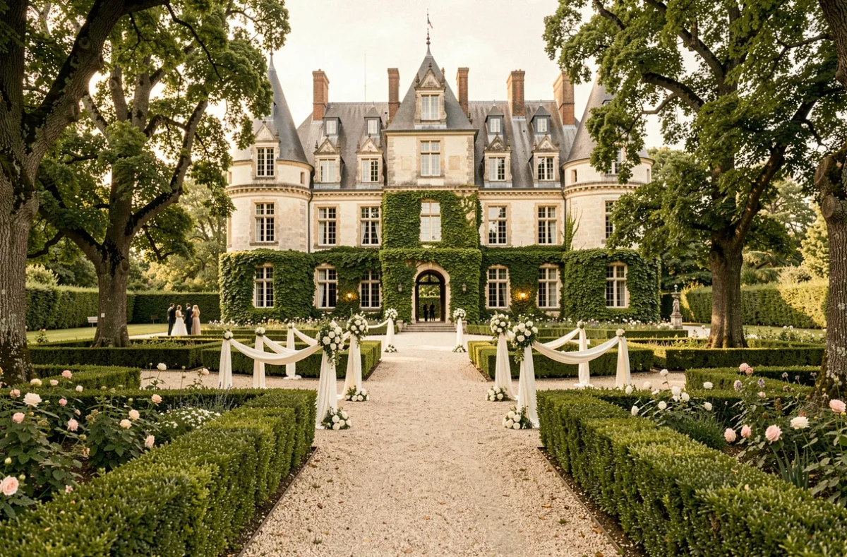 Vue panoramique d'un majestueux château des Pays de la Loire décoré pour un mariage, entouré de jardins à la française