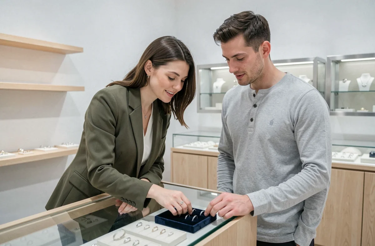 Un couple choisissant des bagues assorties dans une bijouterie minimaliste aux murs blancs et vitrines en bois clair