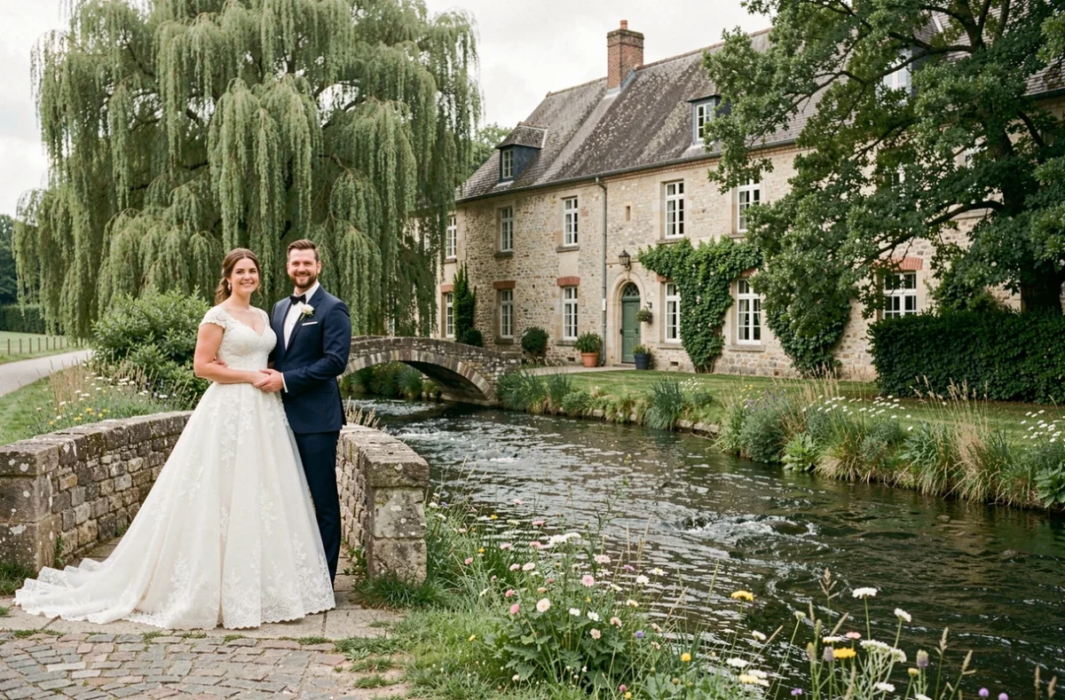 Couple de mariés sur le pont de pierre de La Claire Fontaine, ancien moulin restauré du XVIIIe siècle avec ruisseau et saules pleureurs