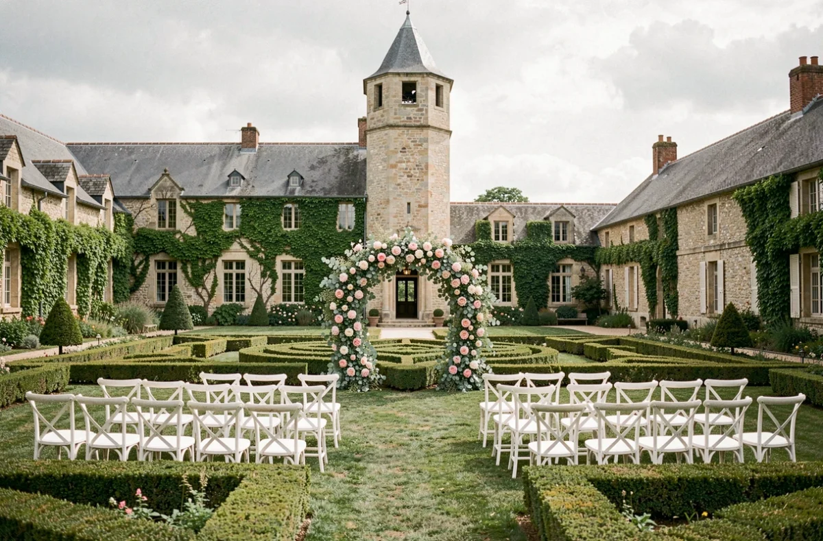 Cérémonie de mariage en plein air au Clos du Colombier avec arche florale devant le pigeonnier en pierre recouvert de lierre et jardin à la française