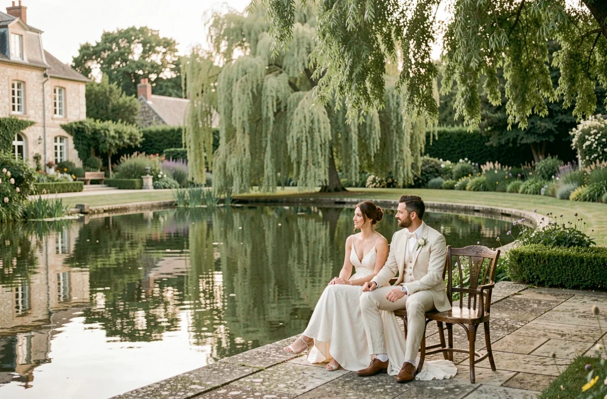 Couple de mariés assis sur la terrasse en pierre du Clos de la Source, avec un étang calme et un saule pleureur en arrière-plan