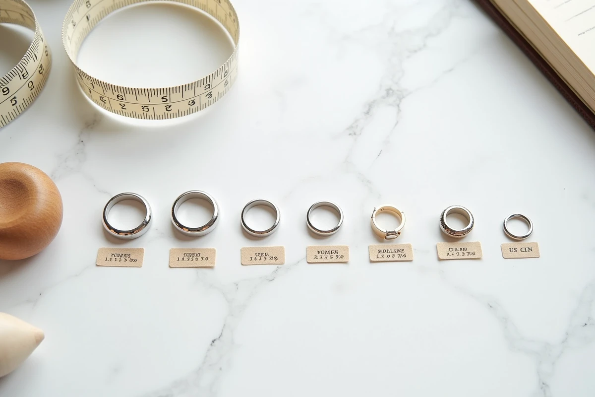 Comparaison de bagues hommes et femmes en différentes tailles avec guide de conversion des pointures sur fond marbre blanc