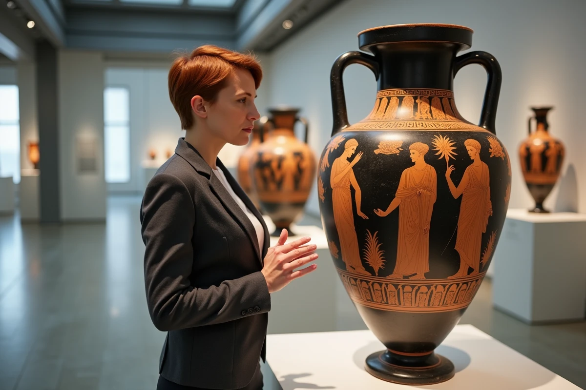 Conservatrice de musée examinant une amphore grecque antique représentant la déesse Héra trônant, galerie d'archéologie