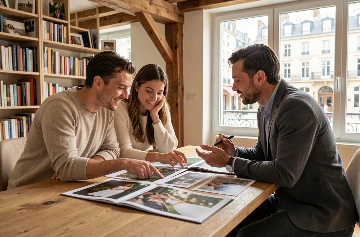 Couple en réunion de consultation avec un photographe de mariage à Compiègne pour choisir leur album photo