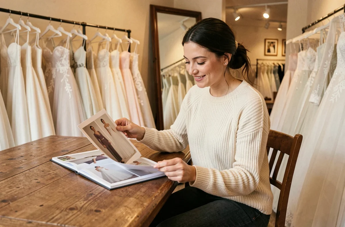 Femme consultant un catalogue de robes de mariée pas cher dans une boutique de mariage à Lyon