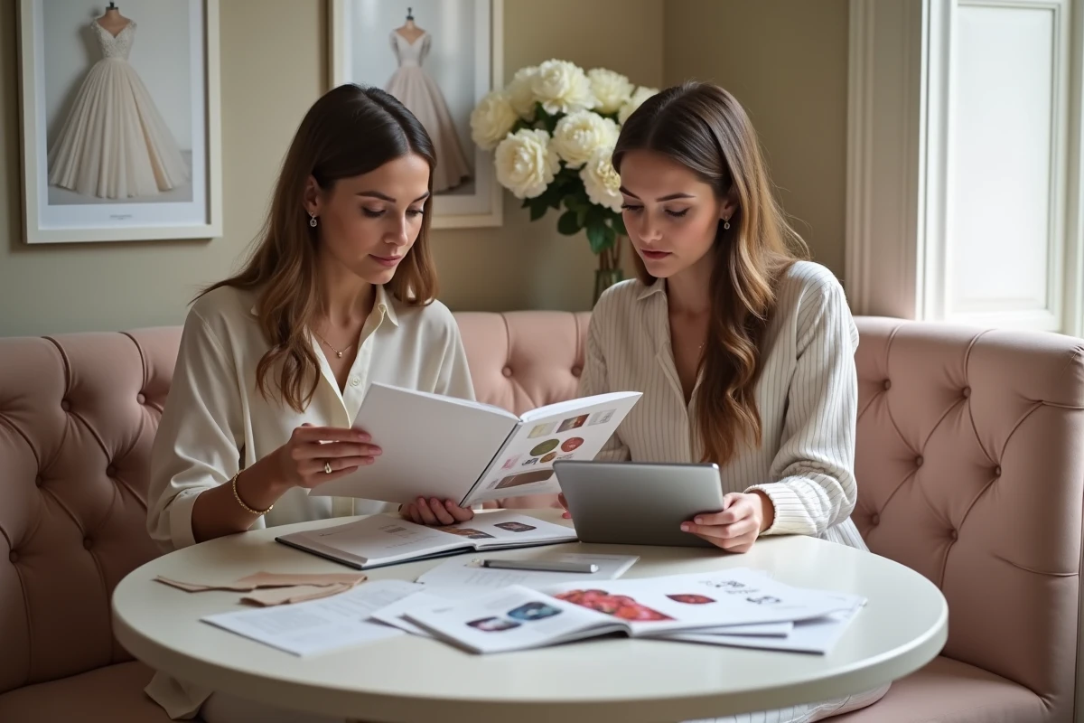 Consultation de mariage entre une mariée et une conseillère comparant les prix et les tissus de robes de mariée atelier et prêt-à-porter