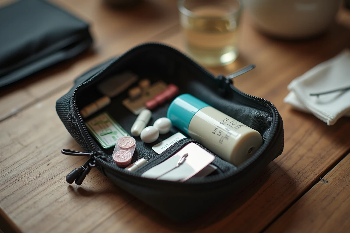 Kit de survie mariage ouvert sur une table en bois avec accessoires d'urgence pour mariés et invités