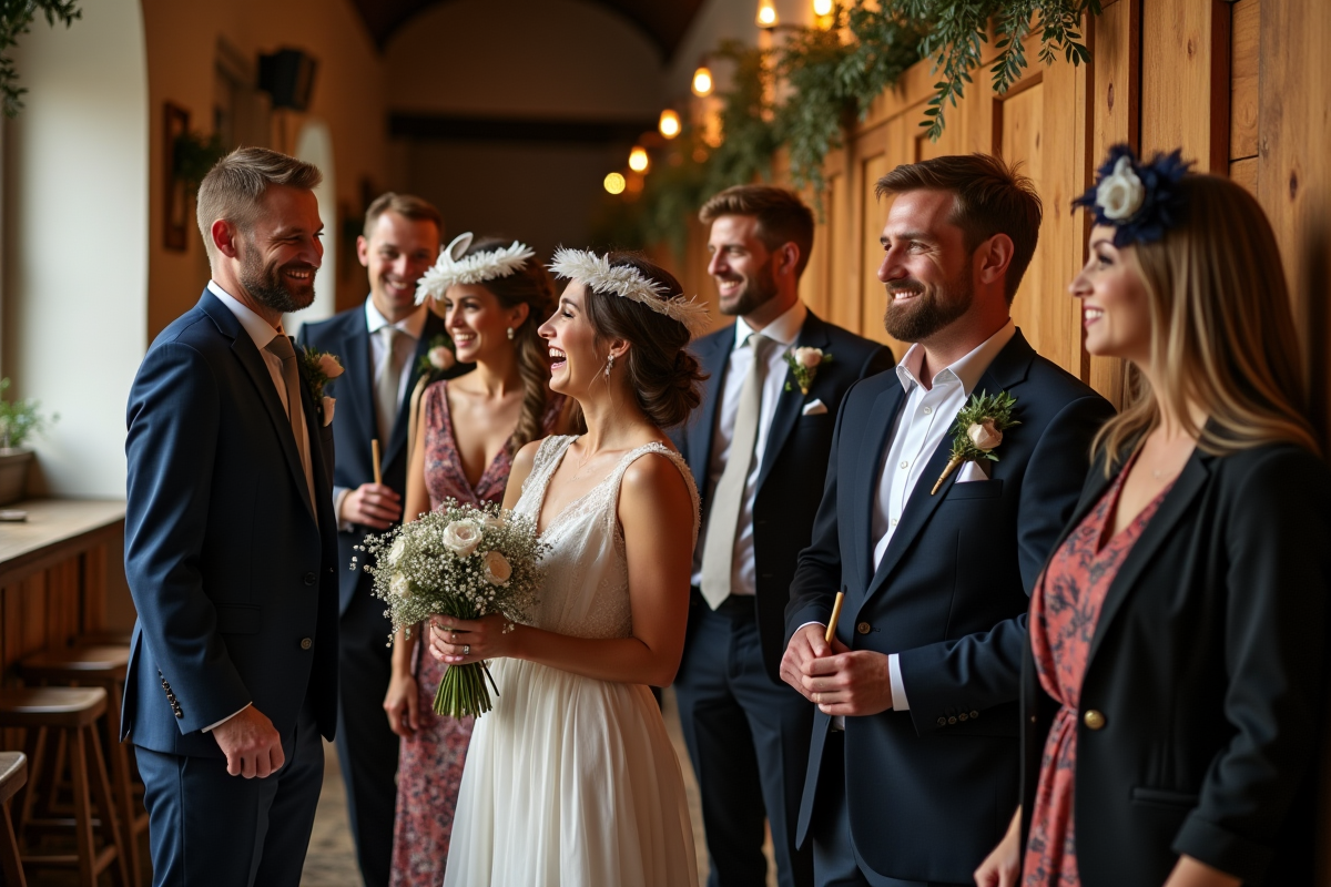 Invités élégants lors d'un mariage ambiance chaleureuse