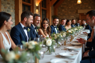 Invités élégants autour d'une table de mariage rustique