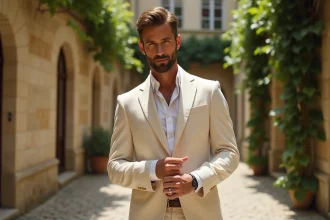 Homme en costume lin ivoire pour mariage à Paris dans une cour en pierre