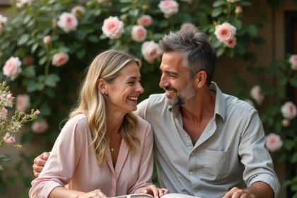Couple célébrant 17 ans de mariage dans un jardin de roses en plein air, partageant des souvenirs avec un album photo