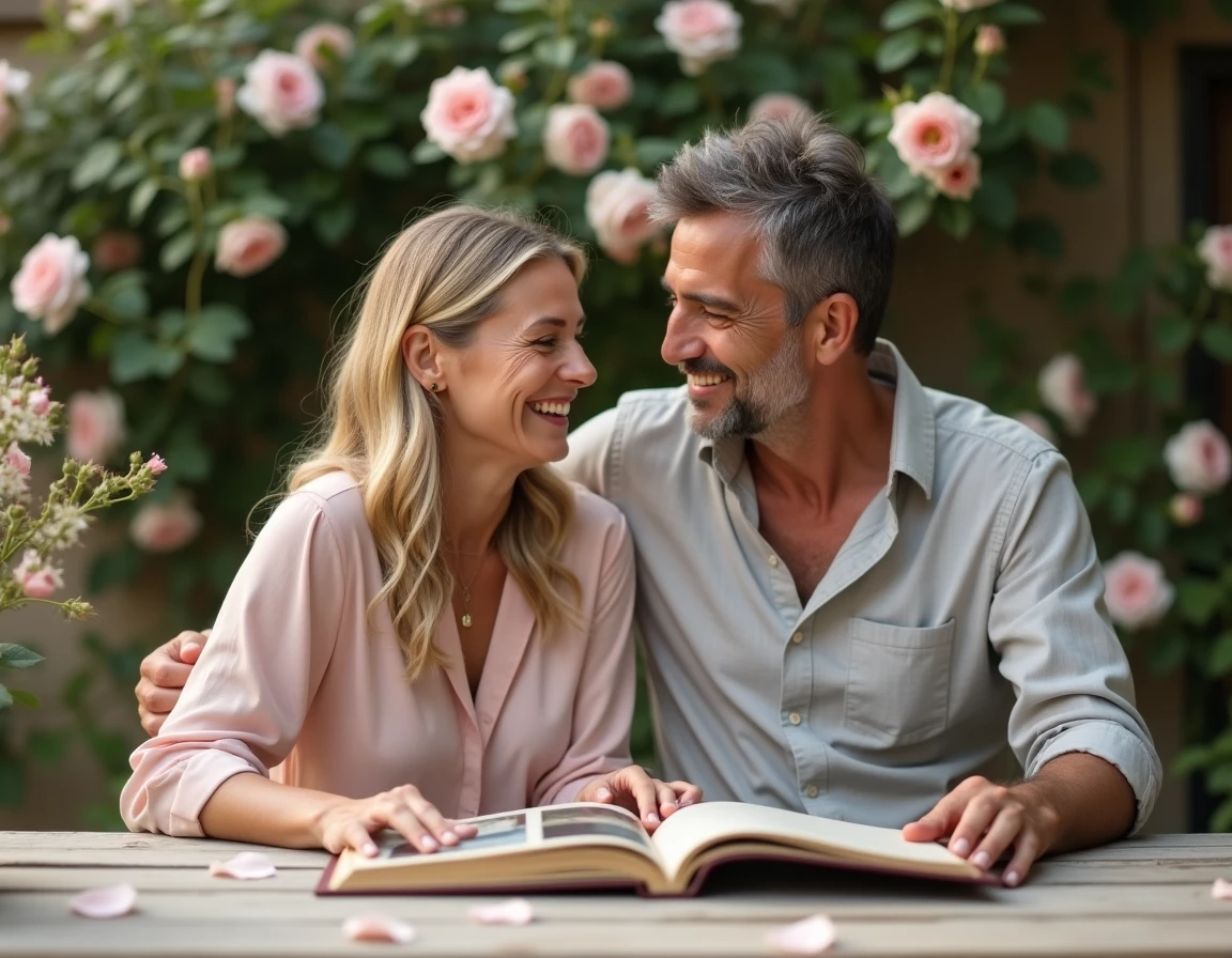 Couple célébrant 17 ans de mariage dans un jardin de roses en plein air, partageant des souvenirs avec un album photo
