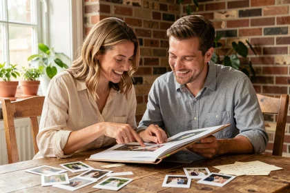 Couple parcourant leur album photo de mariage Little Story avec émotion et nostalgie