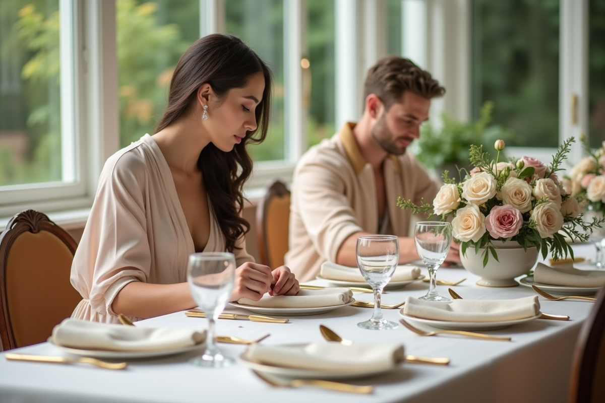 Jeune couple élégant préparant une table de banquet dans un conservatoire