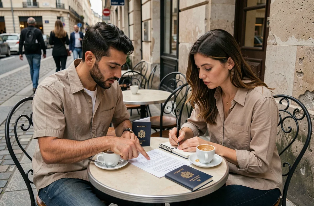 Couple binational examinant des formulaires de visa mariage en terrasse de café en France