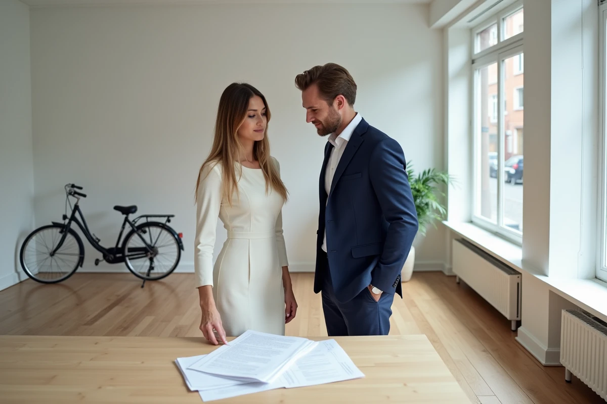 Couple consultant des documents administratifs dans un bureau de mariage civil danois au design scandinave épuré