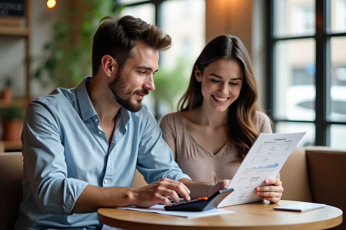 Jeune couple discutant de budget voyage au café